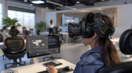 Woman Experiencing Virtual Reality in a Modern Office Settingの素材