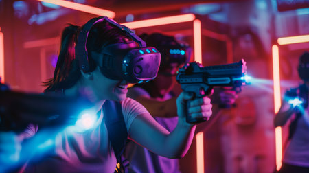 Woman Playing VR Laser Tag in Neon-Lit Arenaの素材