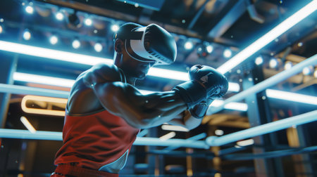 Boxer Training in Ring Under Bright Lights at Nightの素材