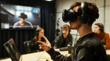 Young Man Experiencing Virtual Reality in a Tech Workshopの素材