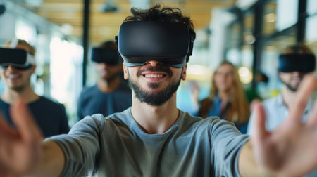Man Wearing Virtual Reality Headset in Front of Groupの素材