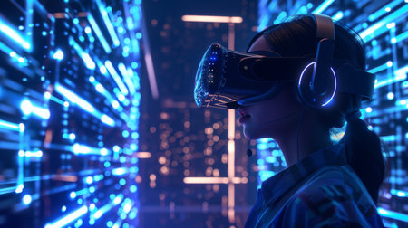 Woman Engaged in Virtual Reality Experience at Nightの素材