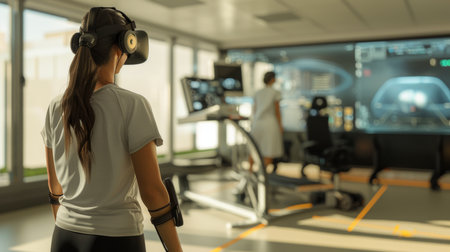 Woman Wearing Virtual Reality Headset in Gymの素材
