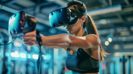 Woman Using Virtual Reality Device in Gymの素材