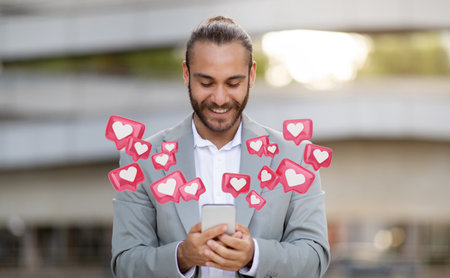 Man Smiling While Checking Social Media Likes on Smartphone