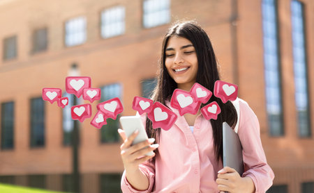 Young Woman Using Smartphone With Heart Icons Over University Building