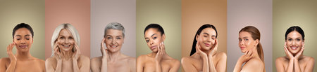 Seven Diverse Women Smiling With Hands on Facesの写真素材