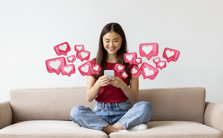 Young Woman Sitting on Couch Using Smartphone Surrounded by Hearts