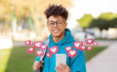 Happy Young Man Checking Smartphone for Likes Outside in Daytimeの写真素材