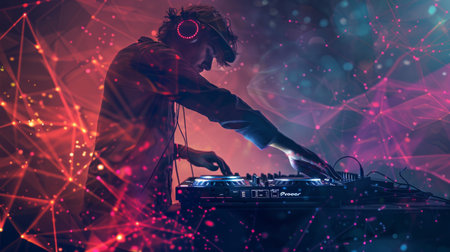 DJ Mixing Music With Headphones And Mixerの素材