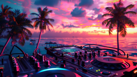 DJ Mixer on Beach at Sunsetの素材