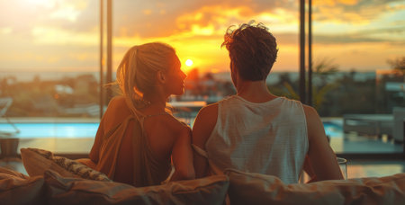 Couple Watches Sunset From Balconyの素材
