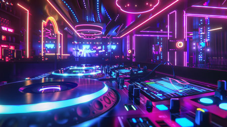 Neon Lit DJ Booth in a Nightclubの素材