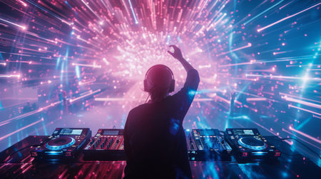 DJ Performing Under Colorful Lightsの素材