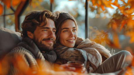 Couple Relaxing in Autumn Cabinの素材