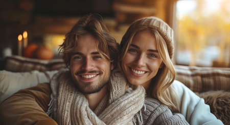 Couple Smiling In Cozy Cabinの素材