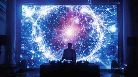 DJ Performing in Front of a Large Projection Screenの素材
