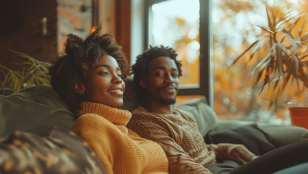 Couple Relaxing On Couch Near Windowの素材