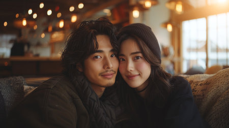 Couple Posing on a Couch in a Cozy Cafeの素材