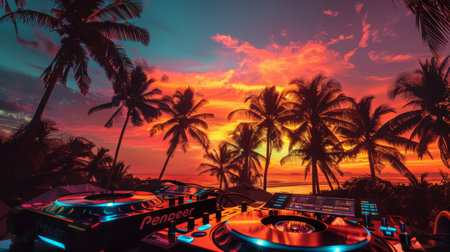 Tropical Sunset DJ Setup with Palm Treesの素材