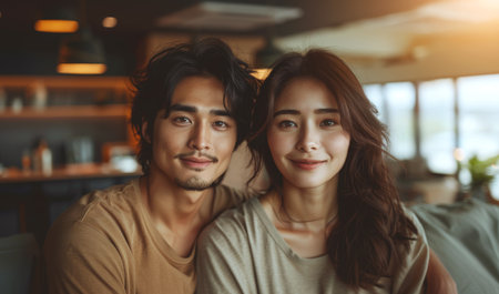 Smiling Couple In Casual Attire At Homeの素材