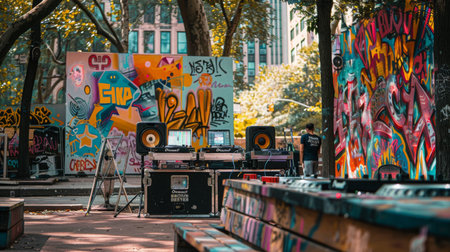 Urban Music Setup Against Graffiti Wallsの素材