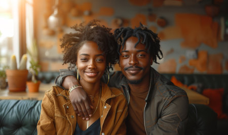Couple Smiling Together at a Cafeの素材