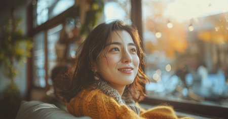 Woman Smiling in Cafeの素材