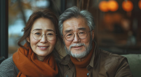 Smiling Couple In Cafe During Winterの素材