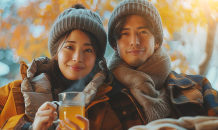 Couple Enjoying Hot Drink in Autumnの素材