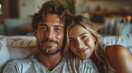 Couple Relaxing on Couch at Homeの素材