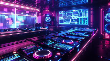 Neon Lit Music Studio With DJ Equipmentの素材