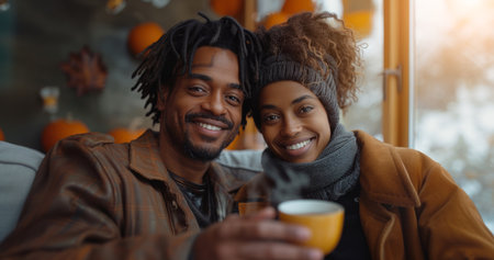 Couple Enjoying Coffee by Window on Winter Dayの素材