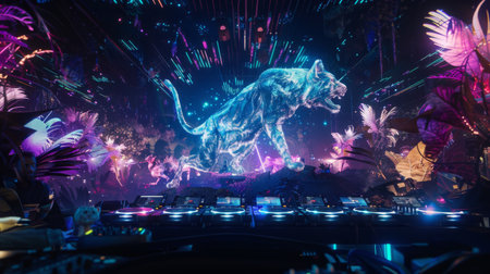 DJ Mixing With Holographic Tiger and Jungle Sceneの素材