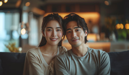 Couple Posing for a Photo at Homeの素材