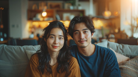 Young Couple Relaxing on Couch in Living Roomの素材