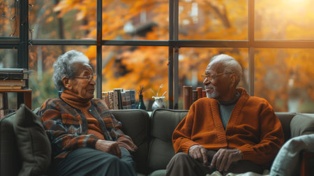 Senior Couple Relaxing on Sofa by Windowの素材