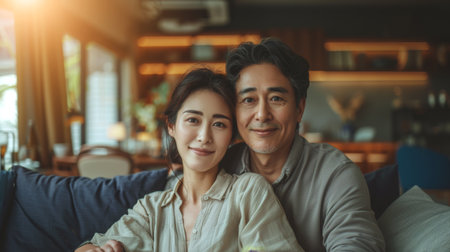 Couple Smiling on Couch in Living Roomの素材