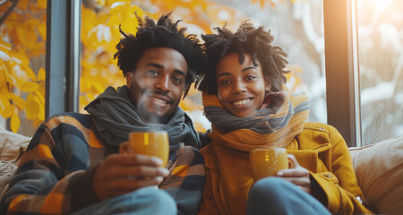 Couple Enjoying Warm Drinks on a Fall Dayの素材