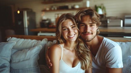 Couple Smiling On Couch At Homeの素材