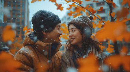 Couple Smiling In Snowy Autumnの素材