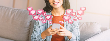 Happy Woman Using Smartphone With Social Media Hearts Surrounding Her