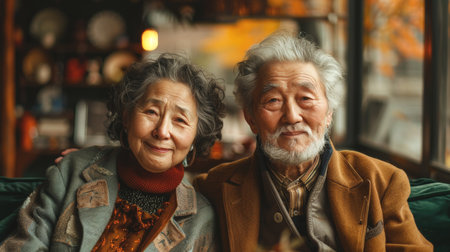 Senior Couple Smiling in Cafeの素材