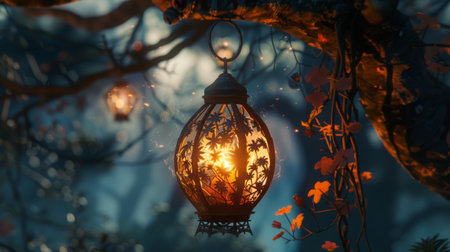 Ornate Lantern Hanging From Tree Branchの素材