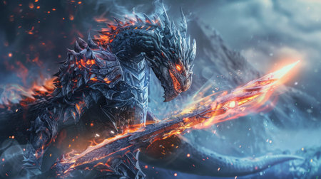 Fiery Dragon Holding Sword in Snowy Landscapeの素材