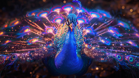 Peacock Displaying Feathers At Nightの素材