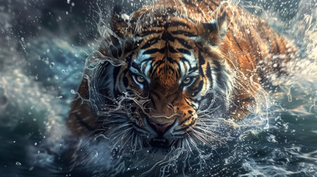 Tiger Emerging From Water, Lookign at Viewerの素材