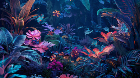 Colorful Tropical Plants in Dark Forestの素材