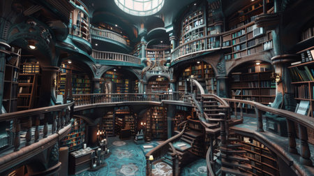 Grand Library Interior With Winding Staircaseの素材