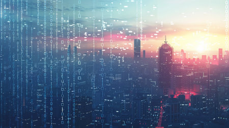 Cityscape With Digital Overlay at Sunsetの素材